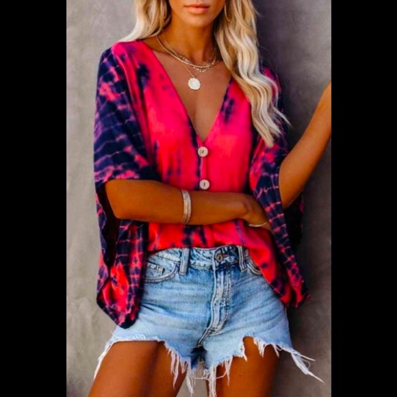 💋Sexy Deep V Neck Tie-dye Coral Red Loose Batwing Half Sleeves Button ⬇️Blouse - Picture 3 of 13